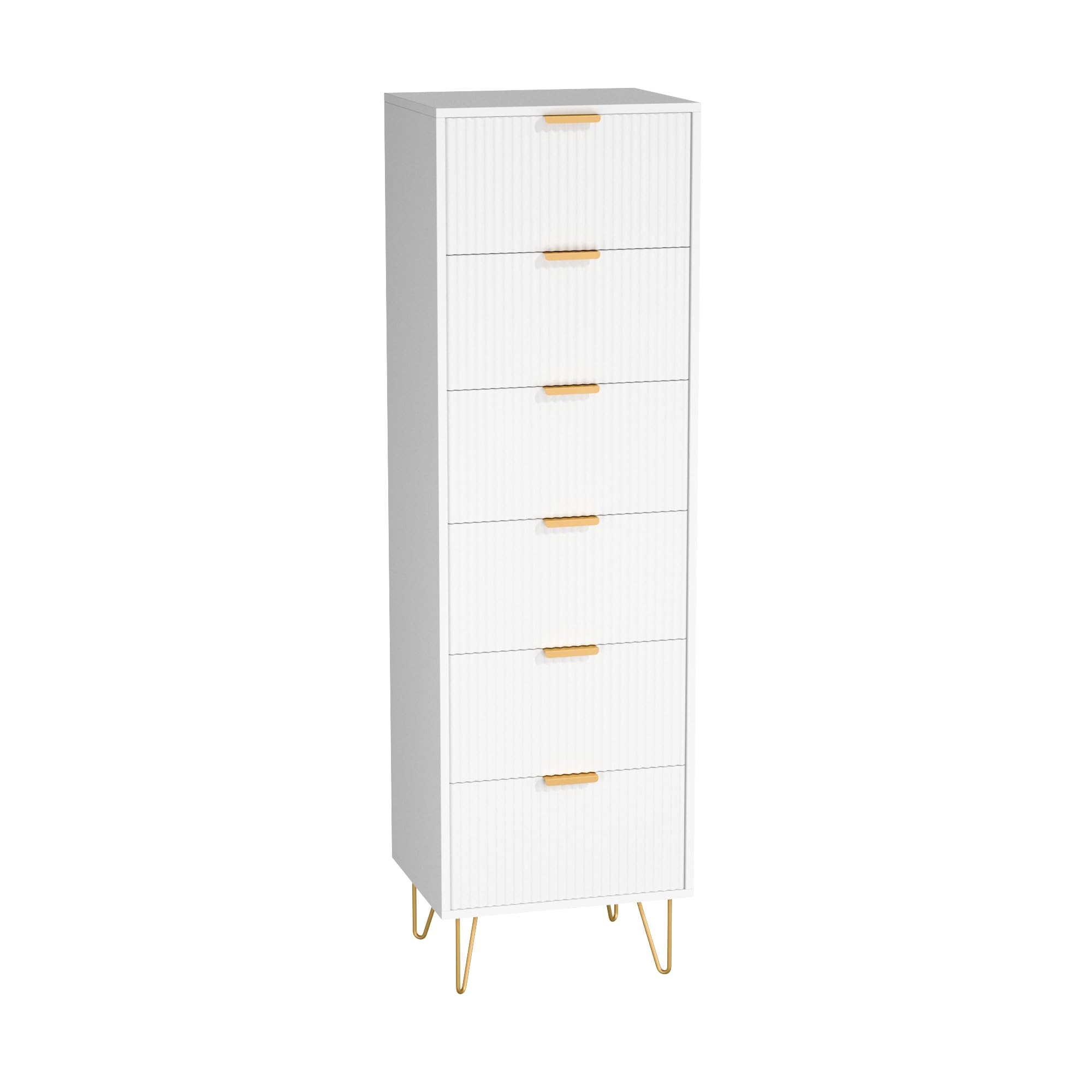 Woodpeckers 6-Drawer Lingerie Chest in White with Gold Metal Legs and Handles - Elegant Storage Solution for Bedroom